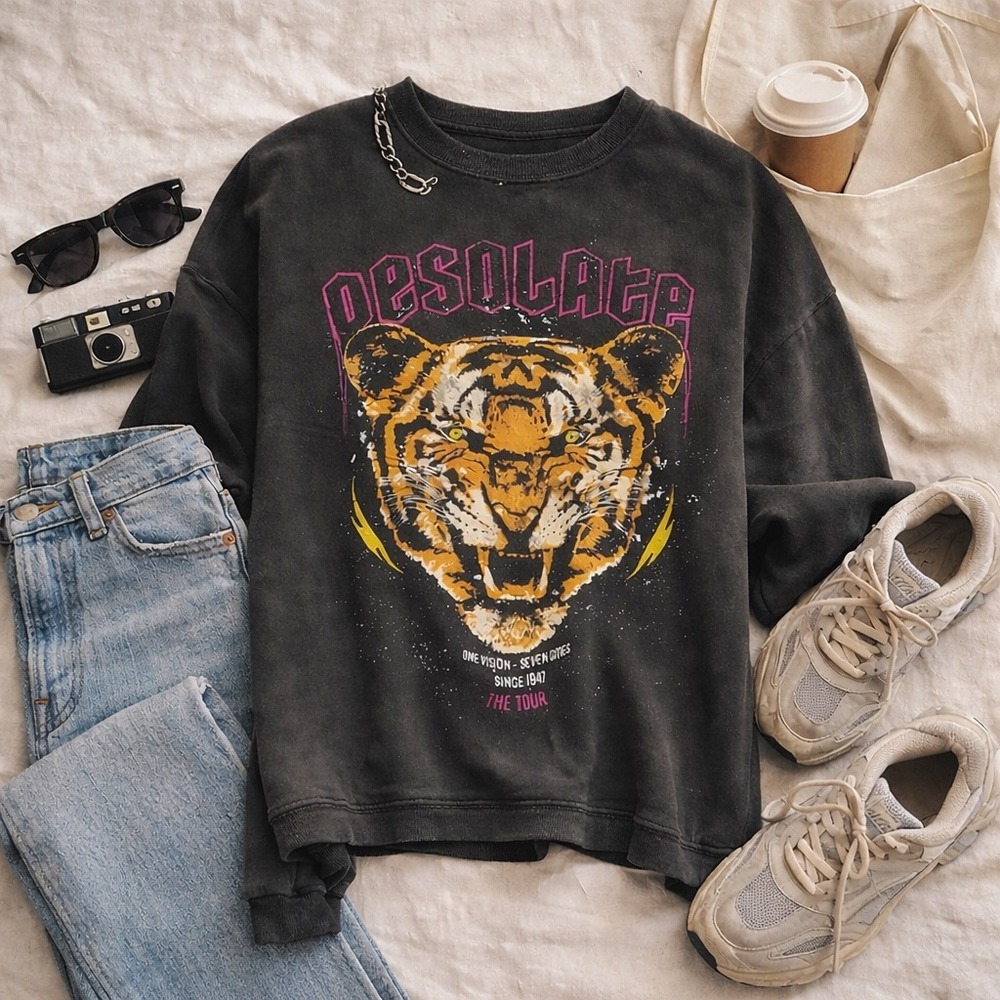 Vintage-Inspired Tiger Graphic Tour‎ Sweatshirt Oversized Black XL Tour Print